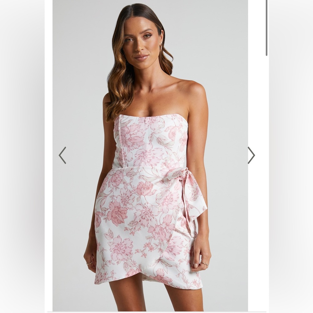 SHOWPO EBIELLE MINI DRESS - STRAPLESS CORSET WRAP DRESS IN PASTEL SPRING FLORAL